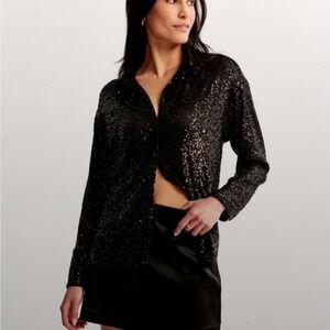 Abercrombie & Fitch Womens Black Sequin Button Up Shirt XXS NWT 140-293-0074-900